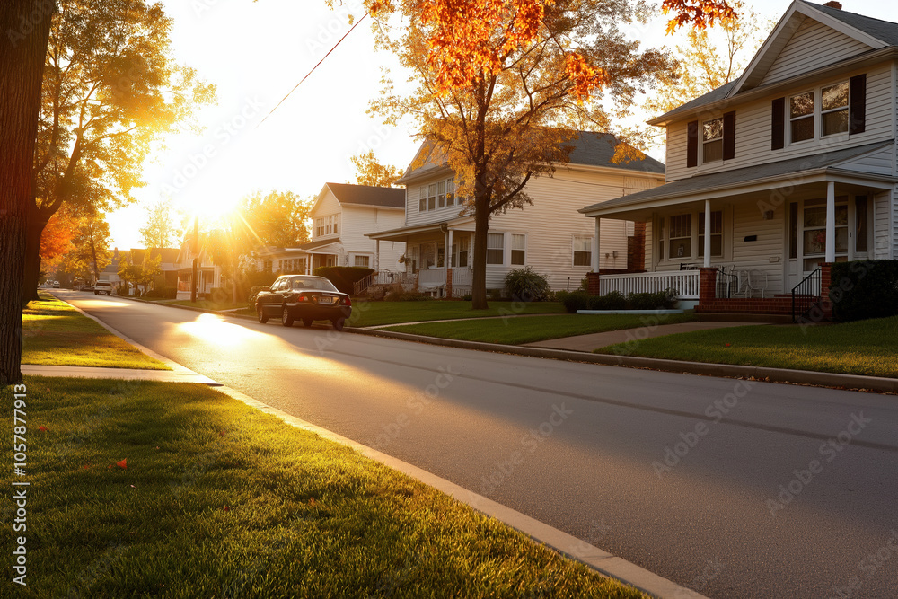 Quiet neighborhood street during sunset with trees and charming homes Quiet neighborhood street during sunset with trees and charming homes