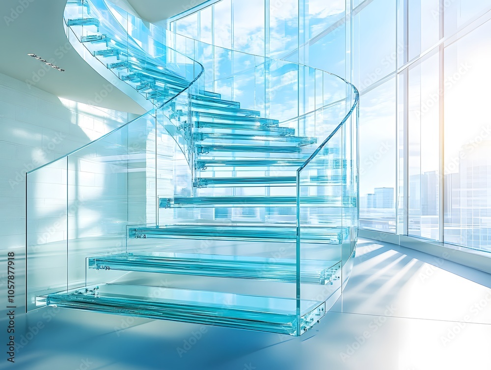 Fototapeta premium A modern glass spiral staircase illuminated by natural light, showcasing elegance and contemporary design in a spacious environment.