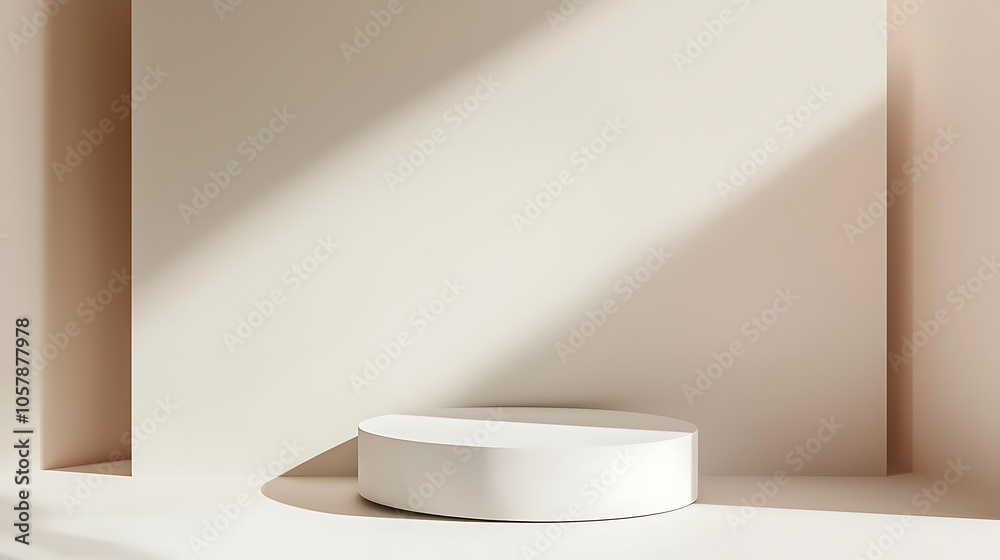 A geometric white podium displayed on a minimalist background. A geometric white podium displayed on a minimalist background.