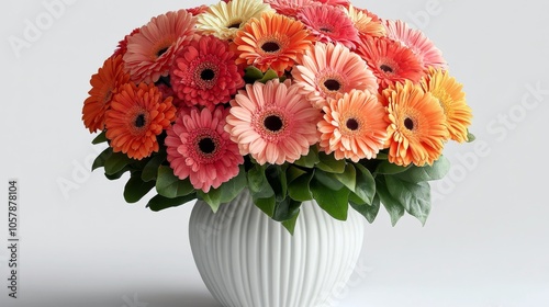 Bright and colorful gerbera daisies arranged in a vase in a garden on a sunny...