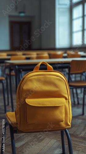 Bright yellow backpack resting on the floor of an empty classroom during dayl...