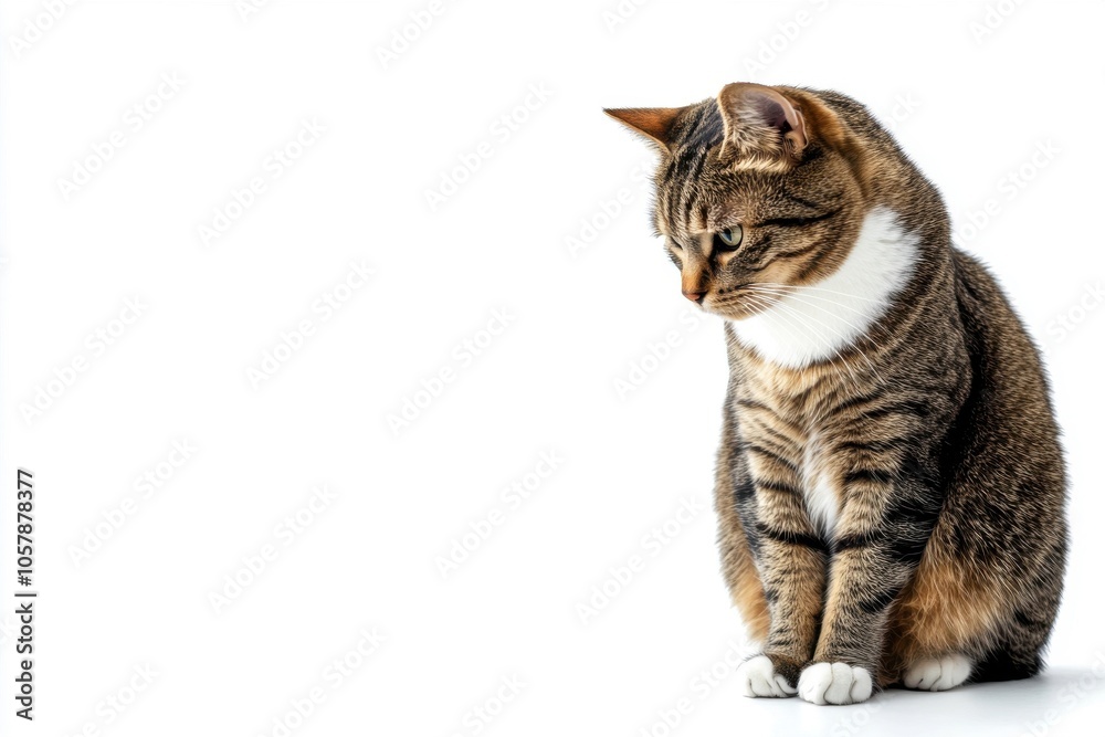Nineteen-year-old discontented tabby cat posing and looking away, on a light backdrop Nineteen-year-old discontented tabby cat posing and looking away, on a light backdrop