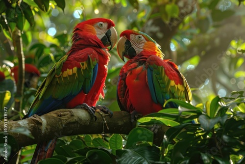 A duo of lively parrots flaunts their brilliant feathers amidst the lush greenery of the forest canopy. photo