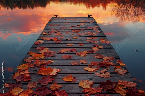 Autumn leaves scattered on a wooden dock by a calm lake at sunset reflecting ...