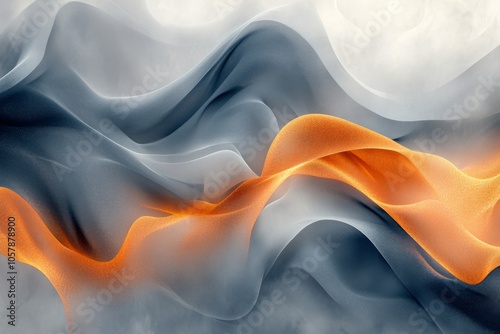 Flowing fabric waves in shades of gray and orange create a dynamic abstract c...