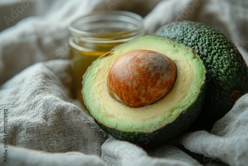 Fresh avocado and glass jar of green liquid on soft fabric in natural light
