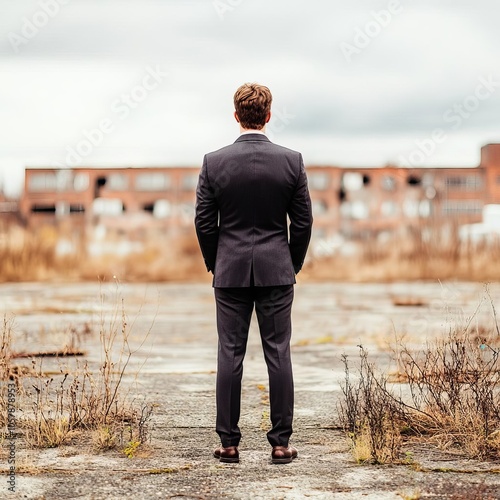 Investor standing in front of an abandoned industrial site, redevelopment potential