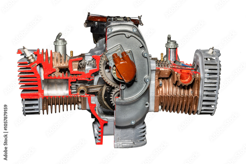 The internal combustion engine of a modern car on a stand in the cut. Isolated on white background. The internal combustion engine of a modern car on a stand in the cut. Isolated on white background.