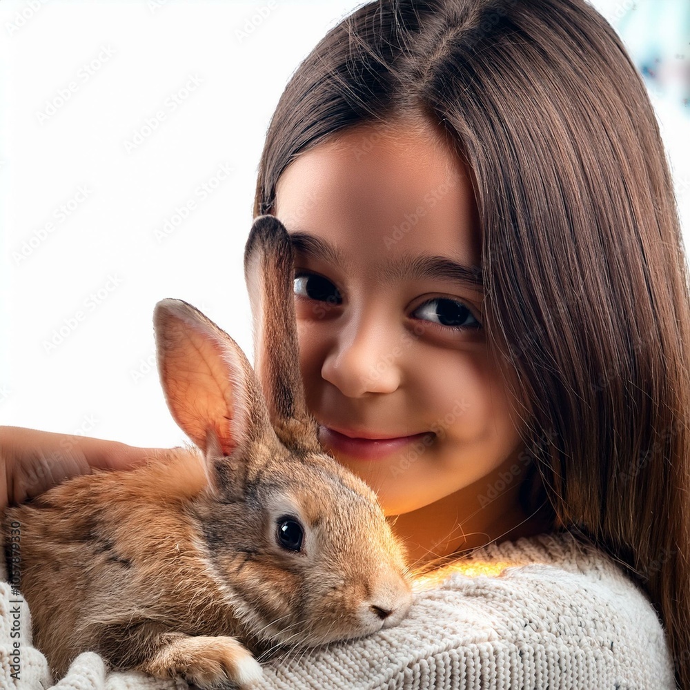 young girl playing with a cute rabbit, AI generated young girl playing with a cute rabbit, AI generated
