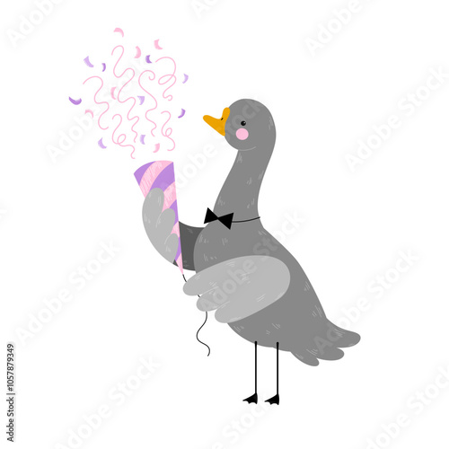 Vector illustration of goose with bow tie on neck, holding firecracker, salute, isolated on white background. Cute animal portrait, bird for cards, stickers, birthday greetings, print, design, poster.