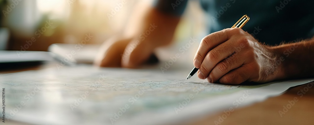 Investor with a detailed land map in office, zoomed in on specifics Investor with a detailed land map in office, zoomed in on specifics