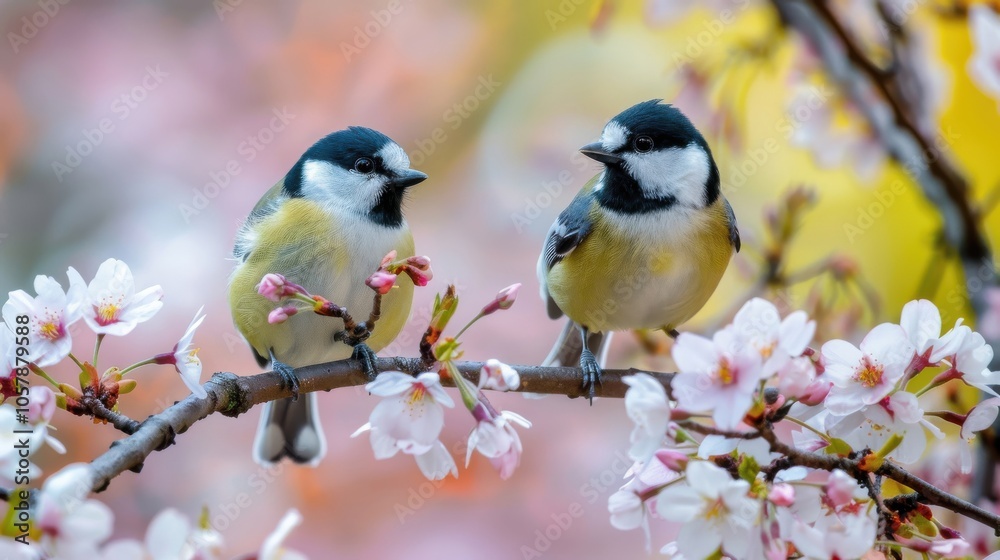 Obraz premium Two playful tits flit between the blooming branches, their lively movements embodying the spirit of spring in the garden.