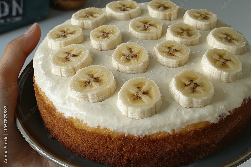 Enjoy a banana cake topped with fresh banana slices for a sweet celebration! Enjoy a banana cake topped with fresh banana slices for a sweet celebration!