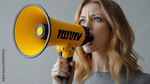A woman speaks passionately into a megaphone while standing indoors during th...