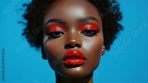 A woman poses with striking makeup featuring red lips and glittering eye shadow