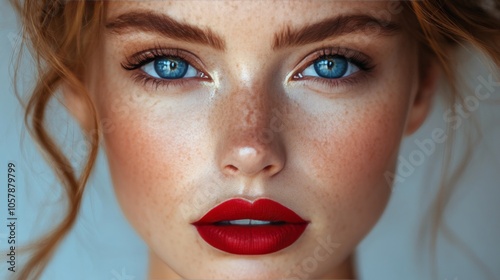Captivating portrait of a woman with striking blue eyes and vibrant red lips ...