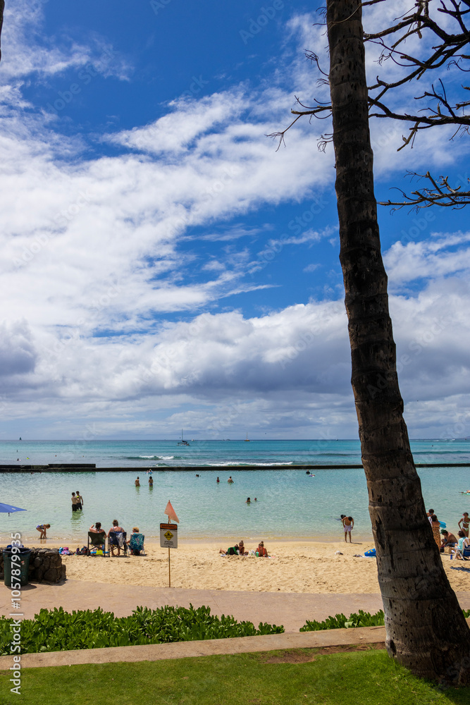 people playing in the ocean water and relaxing in the sand at Waikiki Beach with lush green palm trees and clouds in Honolulu Hawaii USA people playing in the ocean water and relaxing in the sand at Waikiki Beach with lush green palm trees and clouds in Honolulu Hawaii USA