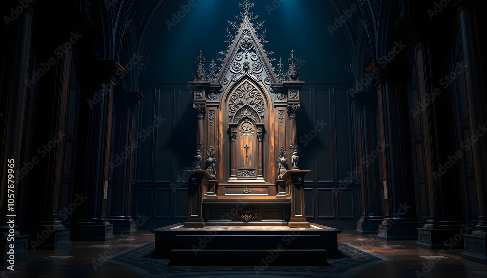 Naklejka premium Large carved wooden throne in a dark church room isolated with white highlights, png