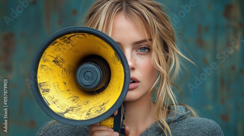 A woman speaks passionately into a megaphone while standing indoors during th...