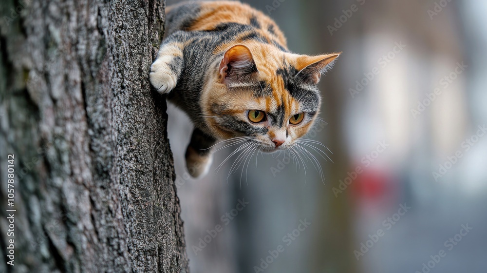 A calico cat peers intently from a tree, ready to pounce on its next adventure A calico cat peers intently from a tree, ready to pounce on its next adventure