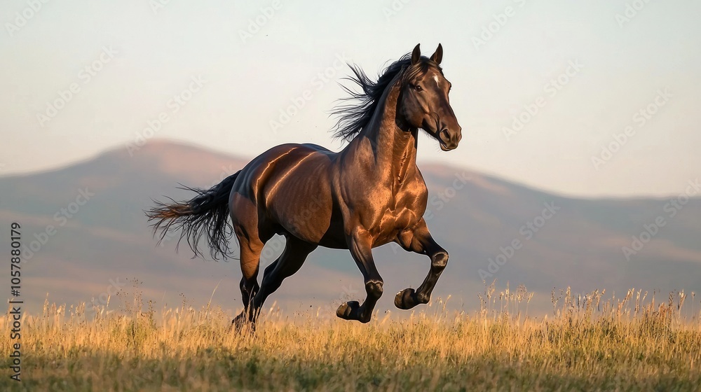 Majestic Horse Galloping in Sunset Field - Spirit of Freedom and Beauty in Nature Majestic Horse Galloping in Sunset Field - Spirit of Freedom and Beauty in Nature