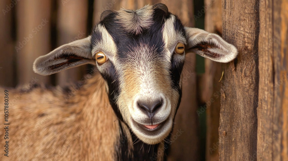 Enchanting Close-up Portrait of Curious Goat on Livestock Farm, Textured Fur and Expressive Eyes, Rustic Wooden Fence Background with Soft Bokeh and Natural Lighting Enchanting Close-up Portrait of Curious Goat on Livestock Farm, Textured Fur and Expressive Eyes, Rustic Wooden Fence Background with Soft Bokeh and Natural Lighting