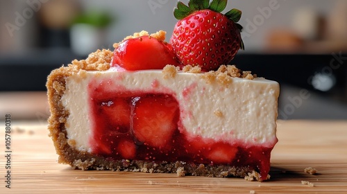 A tempting slice of strawberry cheesecake with a crunchy crust and fresh fruit photo