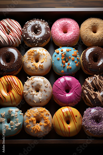 Confectionery display with assorted doughnuts with various flavors and toppings. Top view, flst lay. photo