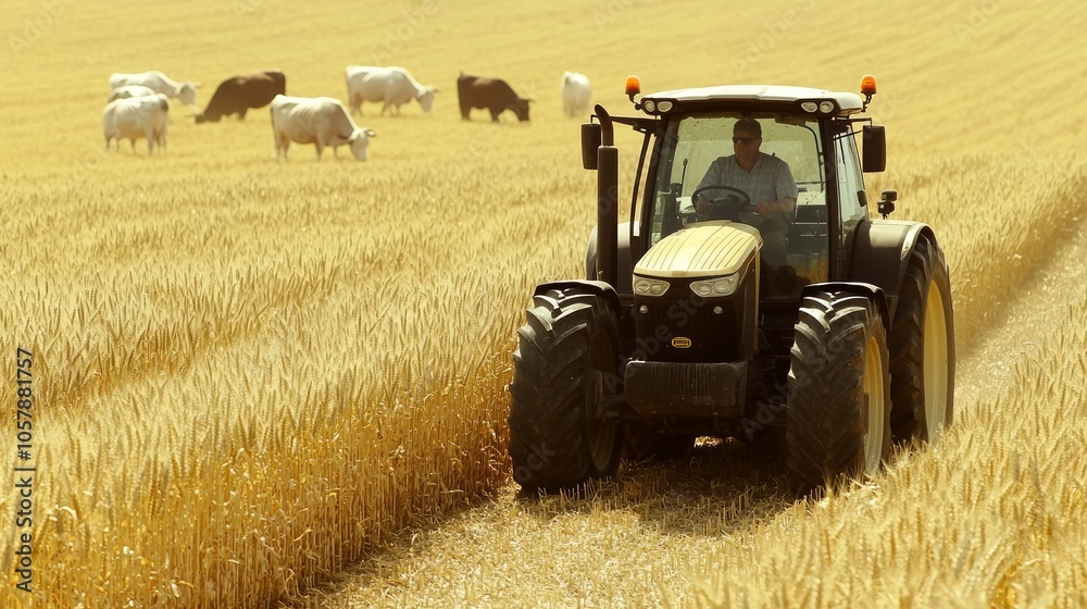 Obraz premium Golden Harvest: Farmer Riding Tractor in Wheat Field with Grazing Livestock, Harmony of Farm Life