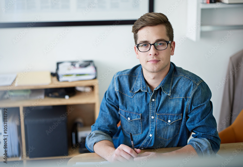 Creative, pride and portrait of business man in office for administration, designer and startup. Planning, product merchandiser and schedule with person and writing in agency for entrepreneur Creative, pride and portrait of business man in office for administration, designer and startup. Planning, product merchandiser and schedule with person and writing in agency for entrepreneur