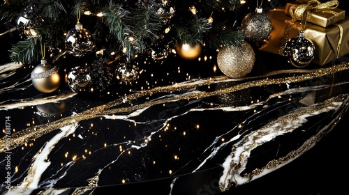 Elegant marble podium with Christmas ornaments, tree, and wrapped gifts for a festive product display