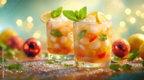 Enchanting Party Table Featuring Refreshing Caipirinhas with Colorful Ornaments and Lighting photo