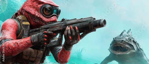 A red-skinned humanoid with goggles aims a gun at a large, toothy sea creature in a blue-green water background. photo