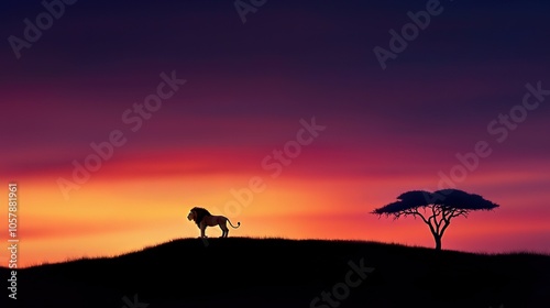  A majestic lion silhouette atop a hill, framed by a towering tree in the foreground and a vibrant sunset in the backdrop