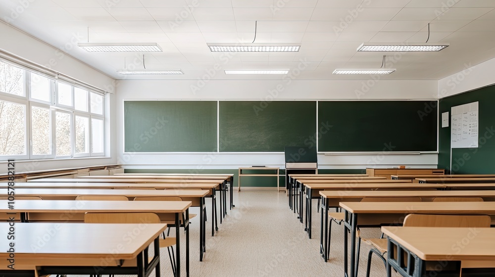 Flat design of an empty classroom interior with rows of desks and a chalkboard at the front Flat design of an empty classroom interior with rows of desks and a chalkboard at the front