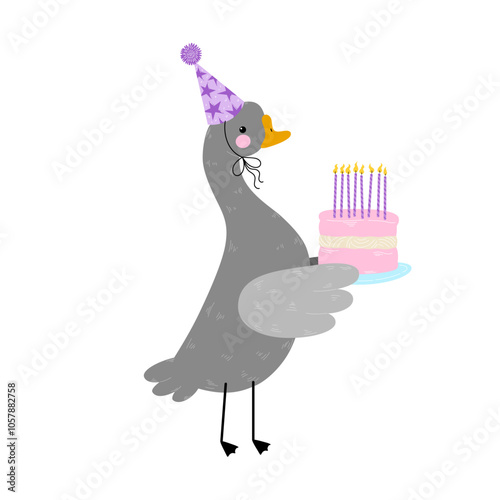 Vector illustration of goose in hat, holding cake, isolated on white background. Cute animal portrait, bird for cards, stickers, birthday greetings, print, design, poster.