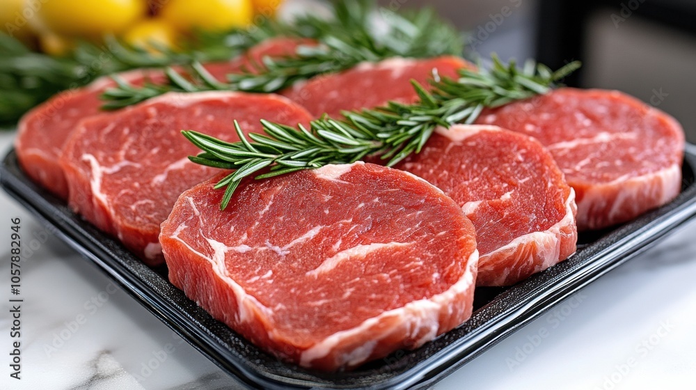 Fresh beef steaks garnished with rosemary on a black tray, AI Fresh beef steaks garnished with rosemary on a black tray, AI