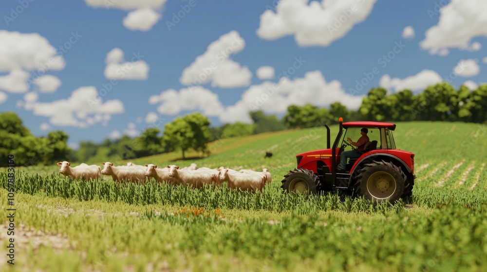 Thriving Agri-Livestock Scene: Farmer on Tractor amidst Livestock and Crops Thriving Agri-Livestock Scene: Farmer on Tractor amidst Livestock and Crops