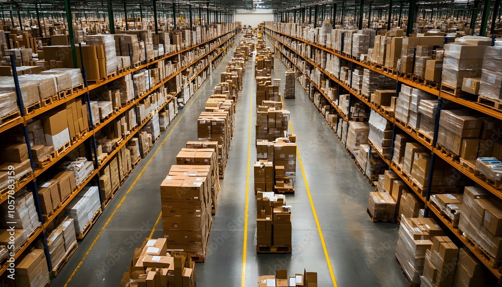 Aerial view of a large warehouse filled with neatly organized boxes, showcasing efficient inventory management and storage. Aerial view of a large warehouse filled with neatly organized boxes, showcasing efficient inventory management and storage.