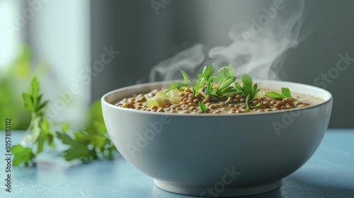 Hearty lentil soup bowl, fragrant lentils with fresh herbs, inviting dining space photo