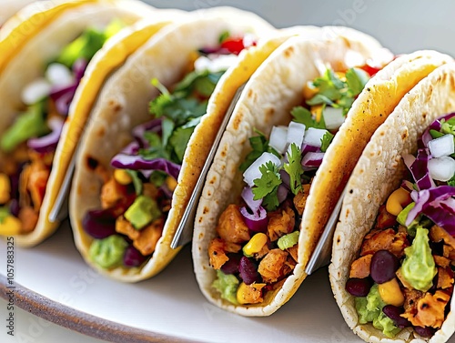 Jackfruit tacos, vibrant toppings and sauces, lively food stall scene photo