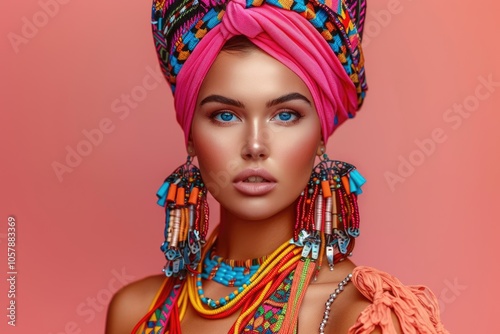 Fashionable girl in ethnic headdress on pink background.