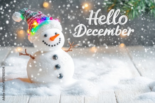 A cute snowman with colorful lights on his hat, standing on the white snowy ground, with the text "Hello December" written above him, on a light wooden background Generative AI