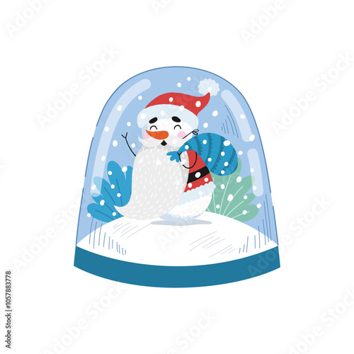 Snowball with decoration snowman in Santa Claus costume and trees. Christmas card. Crystal snow globe isolated on white background. Merry Christmas and Happy New Year. Vector illustration.
