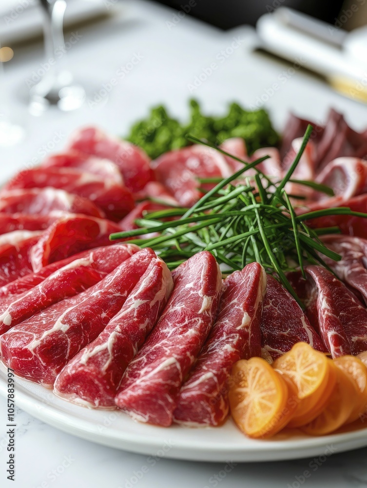 Lab-grown meat platter, artfully arranged with garnishes, upscale restaurant setting Lab-grown meat platter, artfully arranged with garnishes, upscale restaurant setting