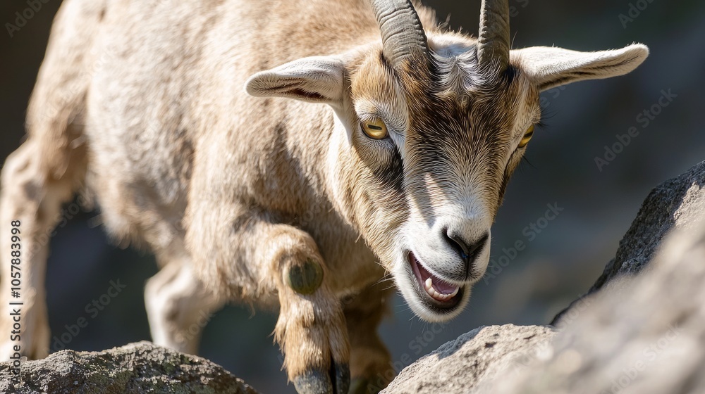 Playful Goat Climbing on Rocks - Close-up Livestock Farm Photo with Textured Fur and Natural Light, Spirit of Adventure Playful Goat Climbing on Rocks - Close-up Livestock Farm Photo with Textured Fur and Natural Light, Spirit of Adventure