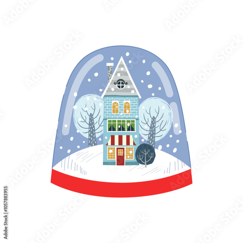 Snowball with blue house decoration and trees. Christmas card. Crystal snow globe isolated on white background. Merry Christmas and Happy New Year. Vector illustration.