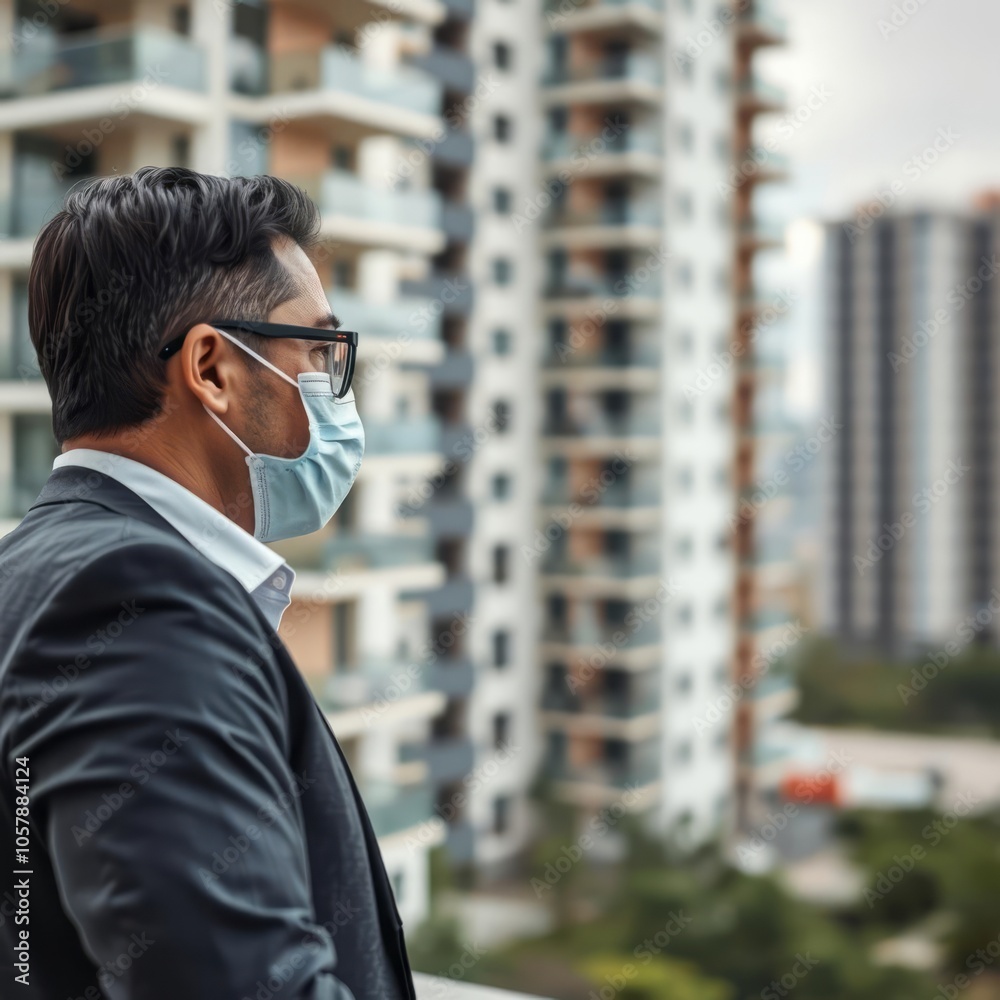 Real estate agent and customer in face mask looking at a new project Condominium Real estate agent and customer in face mask looking at a new project Condominium