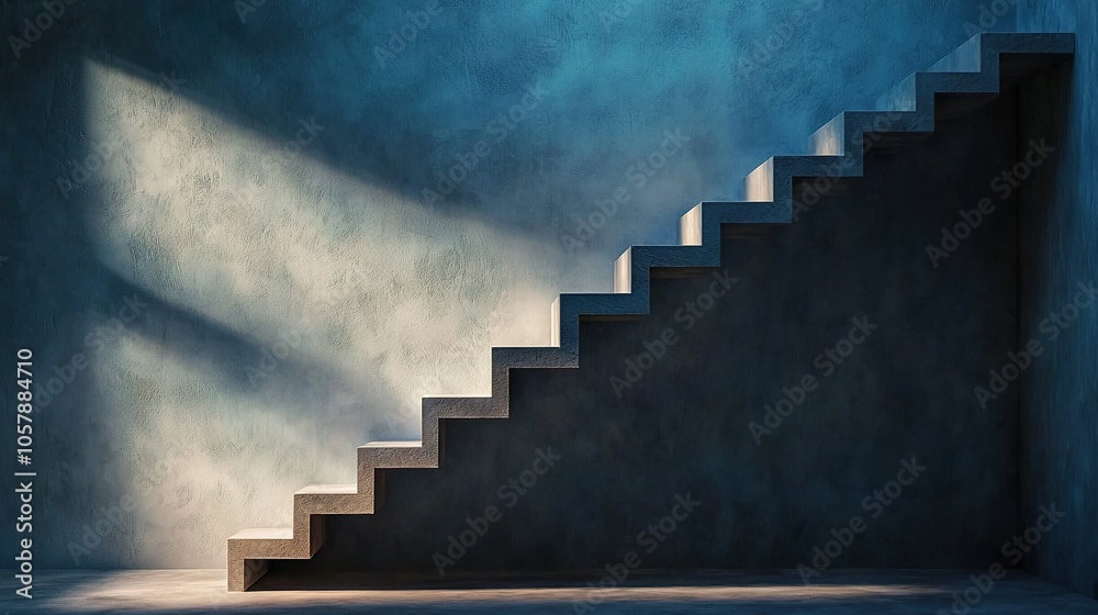 A dimly lit room features a painting depicting an illuminated staircase A dimly lit room features a painting depicting an illuminated staircase