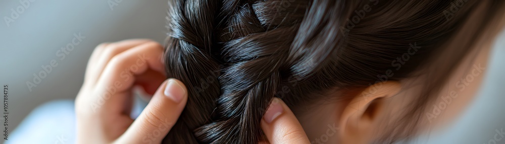 Obraz premium Close-up of a person braiding hair, showcasing detailed technique and texture in an intimate setting.